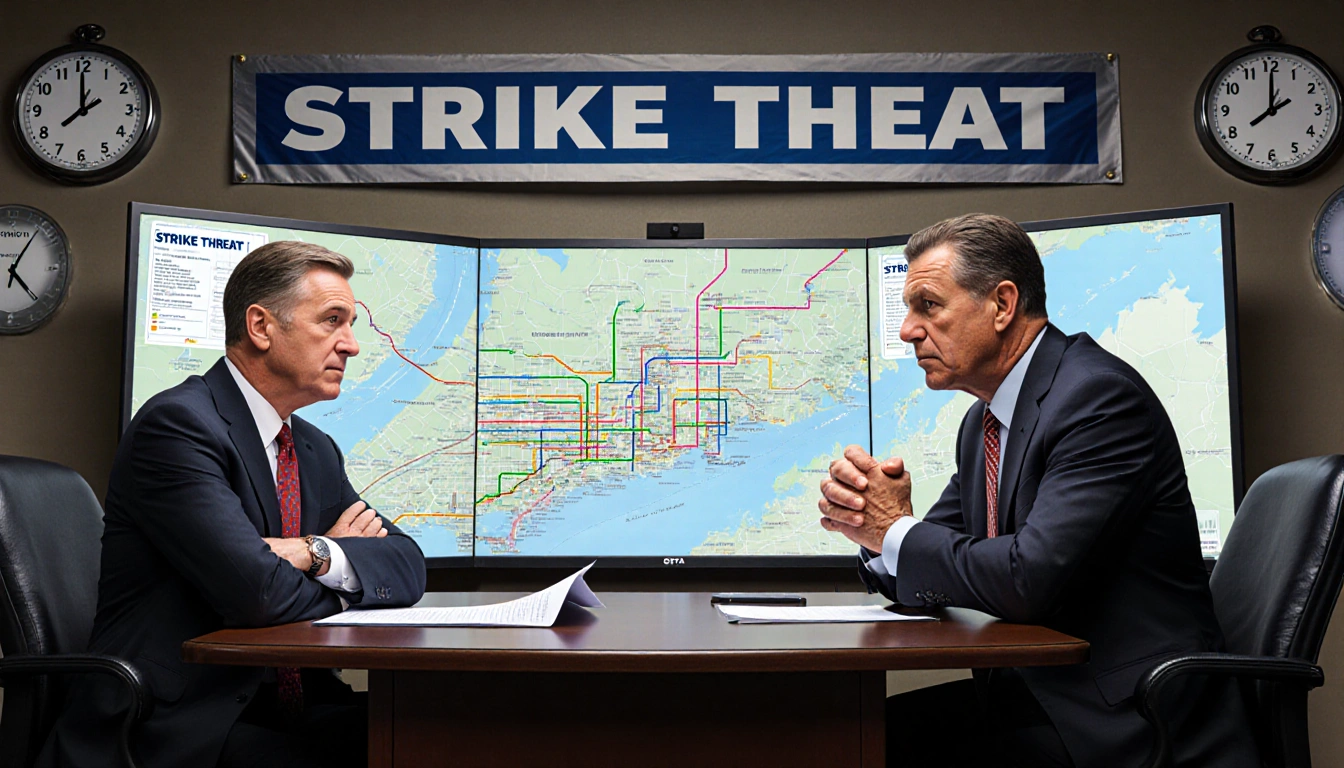 Union rep holding contract with crossed arms in tense negotiation room with SEPTA officials and transit maps.