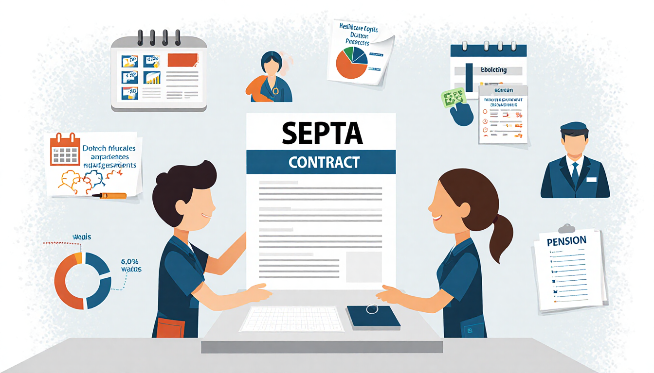 SEPTA work crew reviewing contract at table with charts showing wage increases and pension enhancements and healthcare benefi