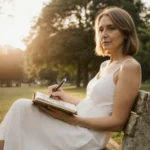 Woman sits on stone bench writing mindfully in leather notebook with sunlight and sunrise backdrop