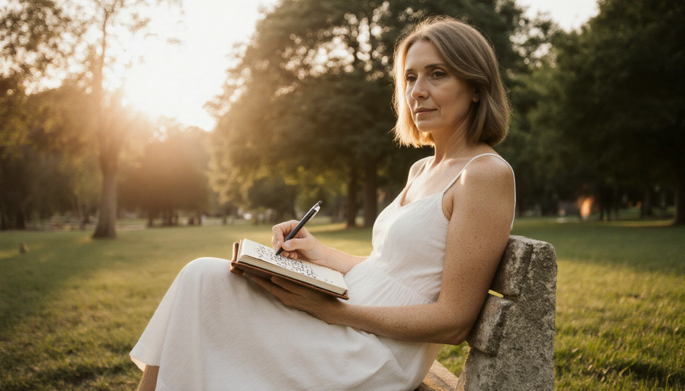 Woman sits on stone bench writing mindfully in leather notebook with sunlight and sunrise backdrop