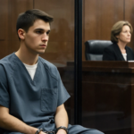 Young man shackled sits behind glass wall in courtroom with Judge Theresa McGonigle presiding and stern lighting.