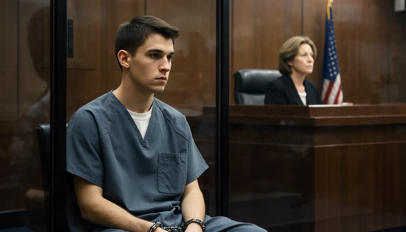 Young man shackled sits behind glass wall in courtroom with Judge Theresa McGonigle presiding and stern lighting.