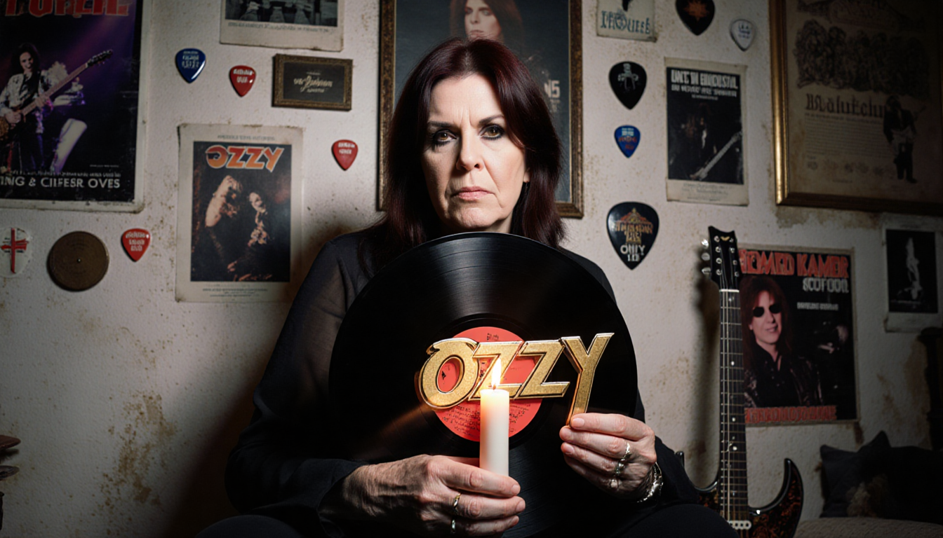 Sharon Osbourne holding an old vinyl record with candlelight and concert posters in the background