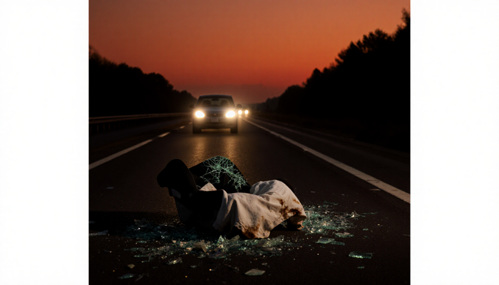 Shattered windshield cracks across dark asphalt with a crumpled baby car seat nearby under a blood orange dusk sky.