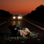 Shattered windshield cracks across dark asphalt with a crumpled baby car seat nearby under a blood orange dusk sky.