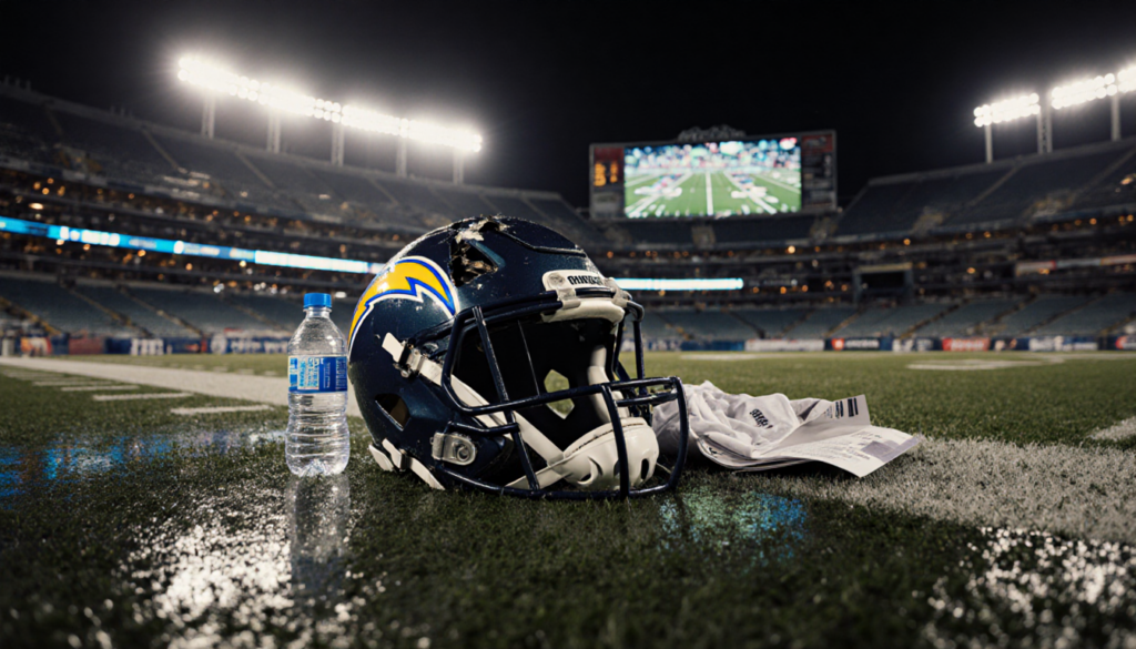 Shattered football helmet lying on wet grass with Chargers jersey visible through broken mask and stadium lights glow