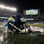 Shattered football helmet lying on wet grass with Chargers jersey visible through broken mask and stadium lights glow