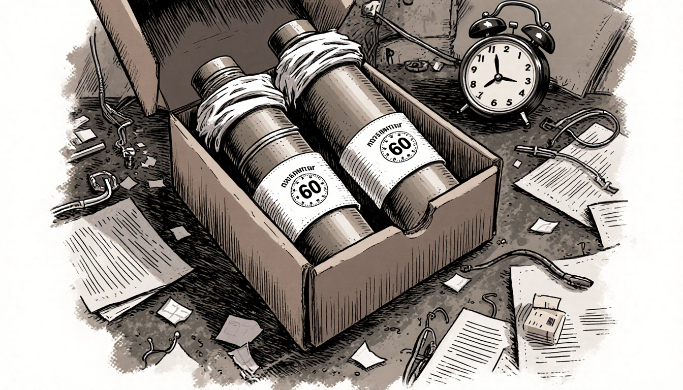 Shoe box holding pipe bombs with disinfectant wipes and a timer set to 60 minutes on a cluttered work surface.