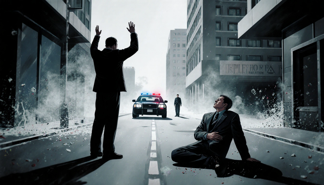 Surrendering man raising hands with victim lying on street near hospital building and police car.