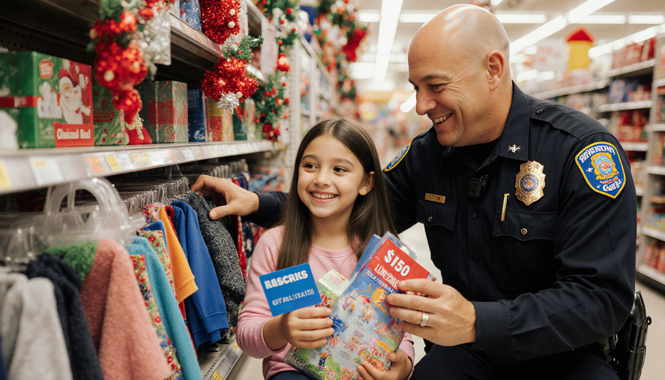 Girl choosing gifts with police officer and festive holiday decorations holding a $150 gift card and smiling gratefully.