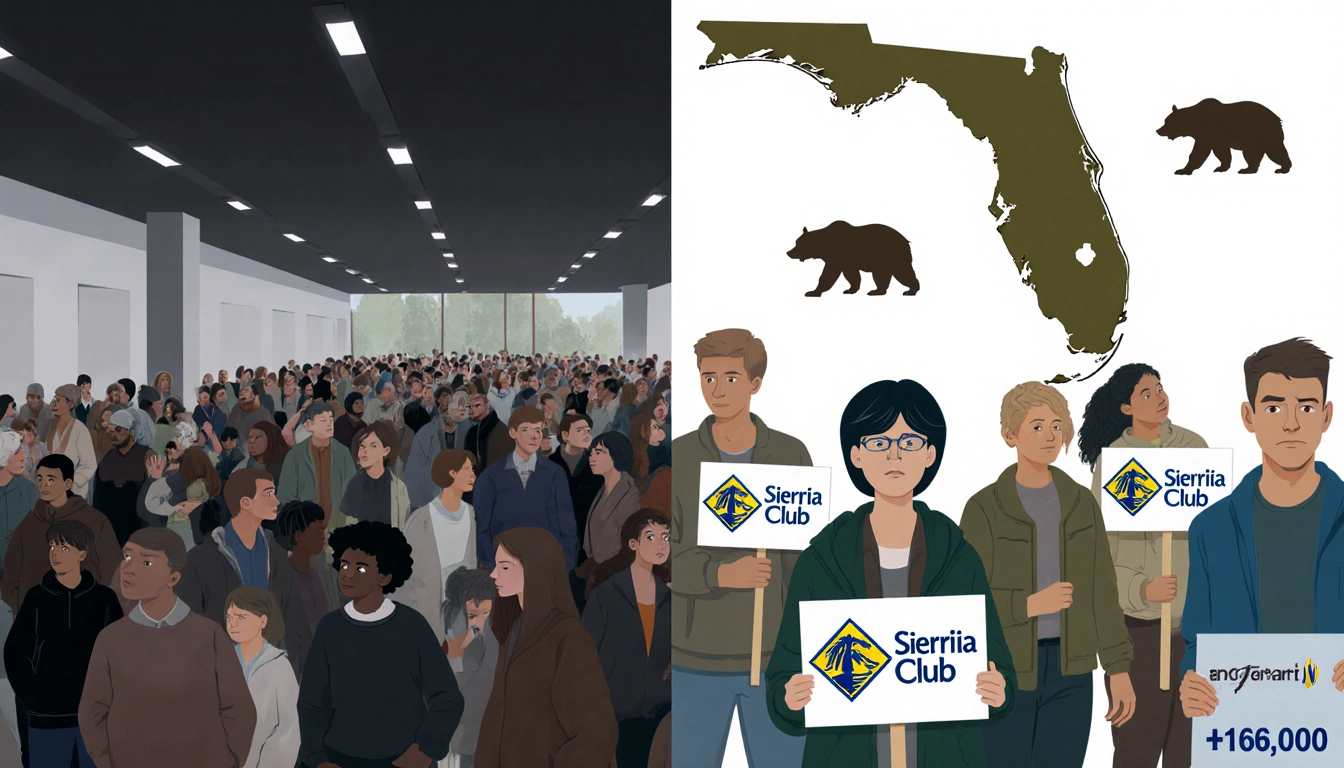 Sierra Club sign holders standing with determination and frustration near a muted Florida map with wild bears