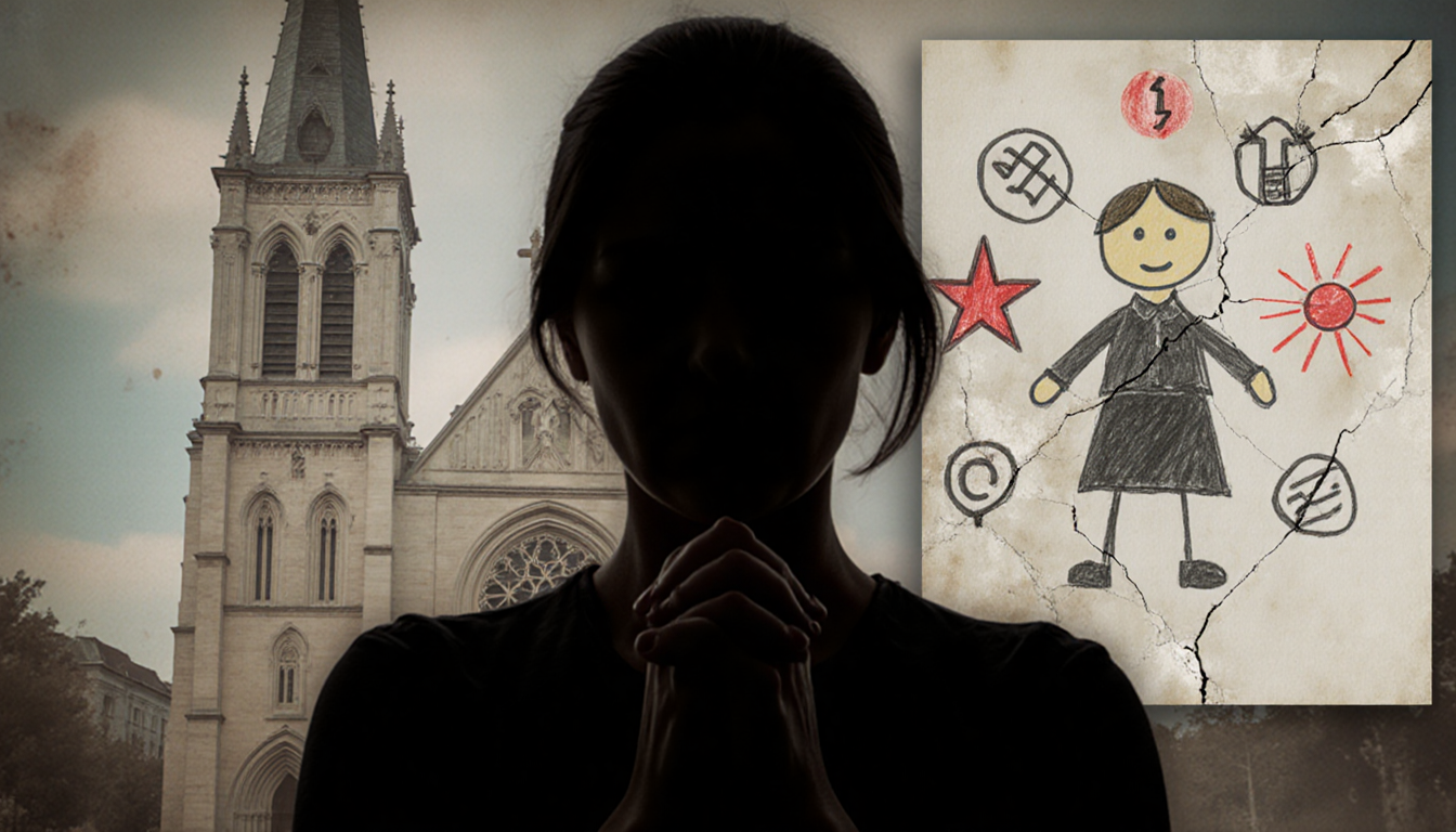 Silhouette of woman standing with hands clasped against faded Catholic church and child’s drawing of guilt and shame
