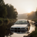 BMW sits submerged in creek with broken guard rail and misty sky with golden hour light