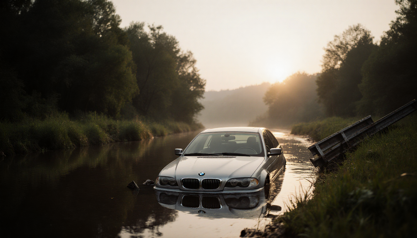 BMW sits submerged in creek with broken guard rail and misty sky with golden hour light