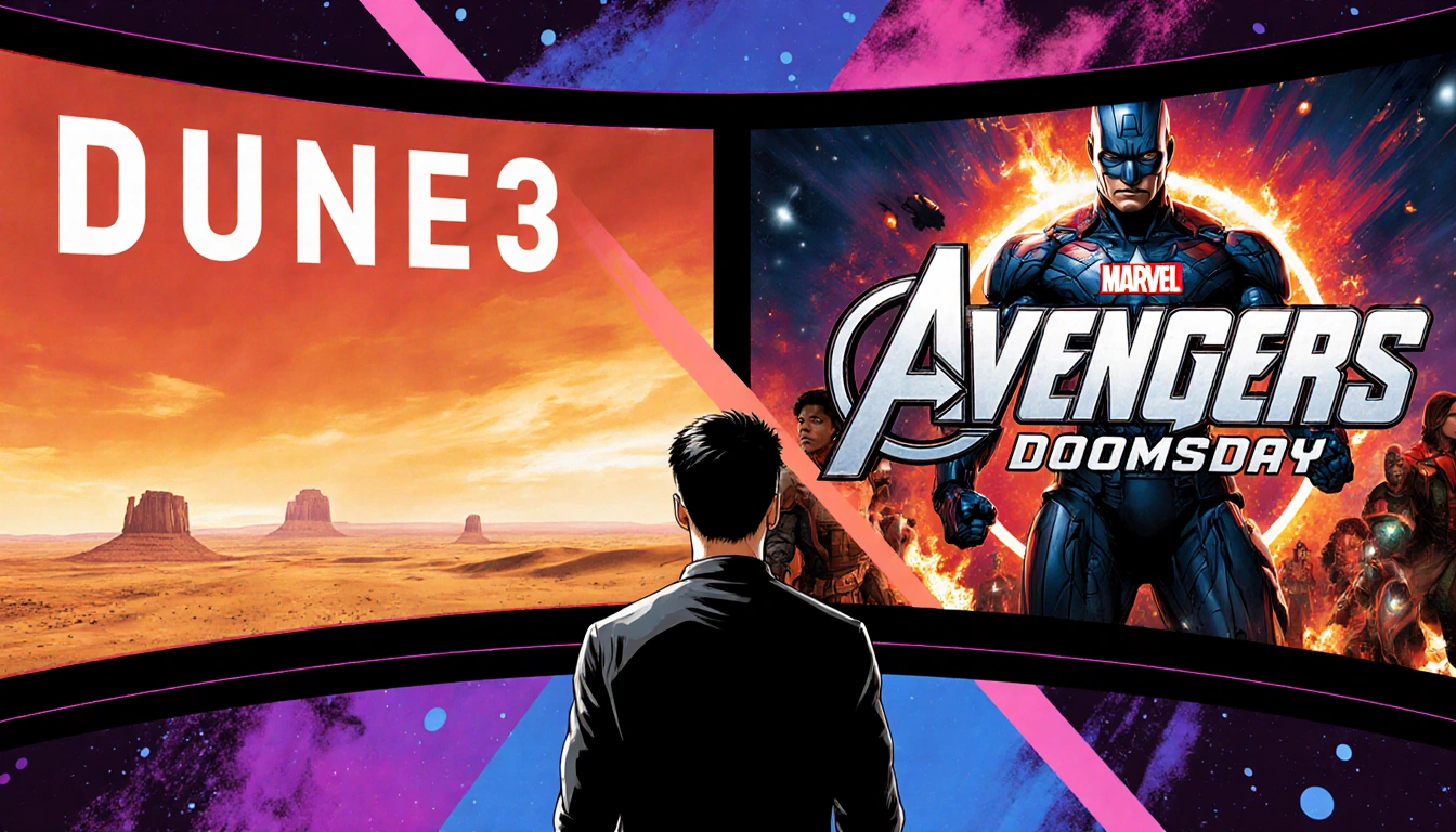 Simu Liu posing with Dune 3 and Avengers: Doomsday movie screens showing desert and superhero logos