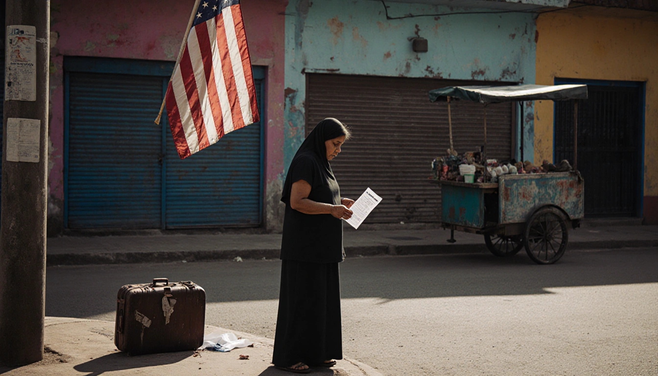 Mother looking at deportation notice with faded American flag and abandoned suitcase on El Salvador street