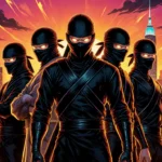 Six ninjas stand back‑to‑back with glowing eyes against a neon cityscape at dusk.