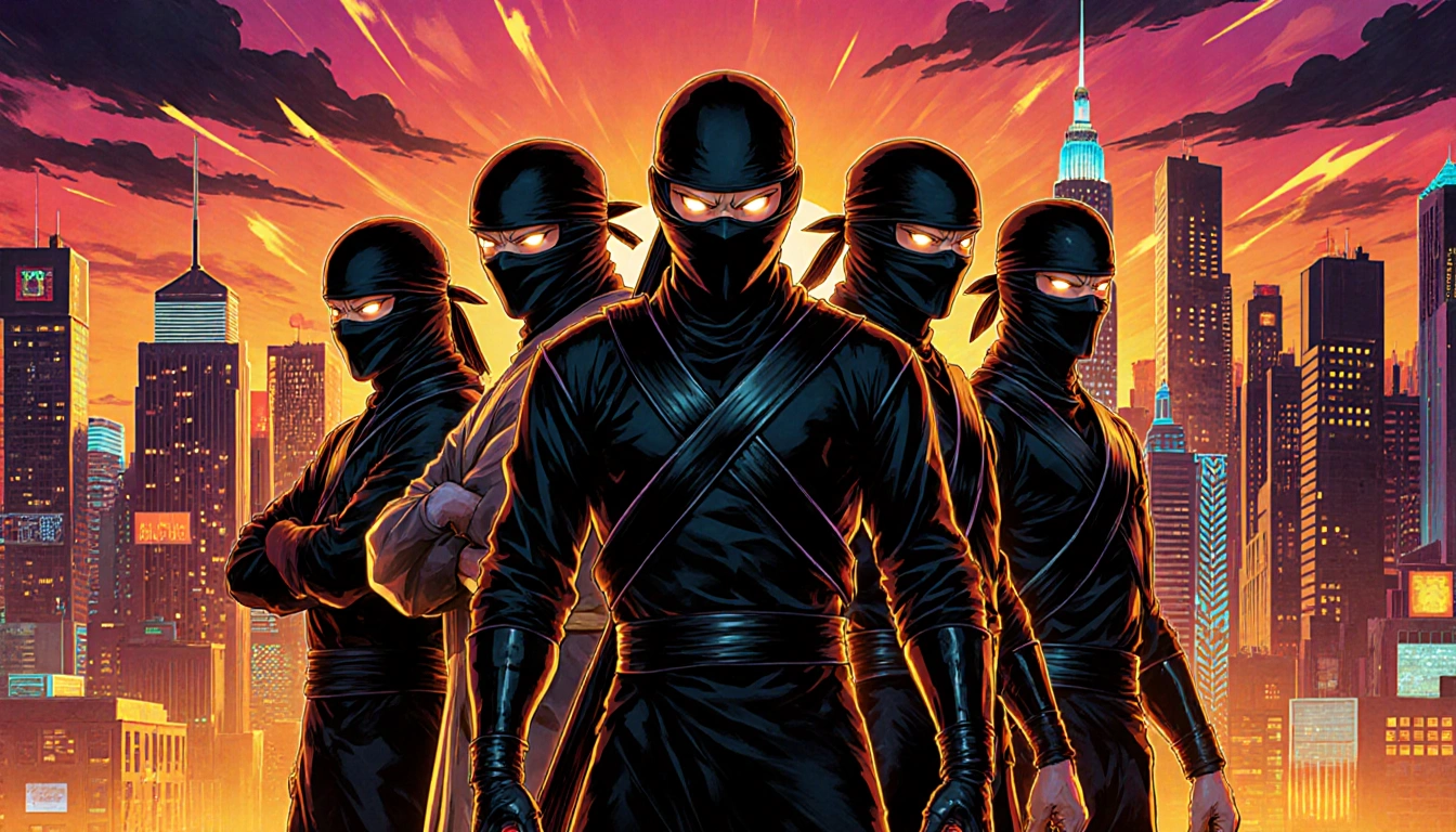 Six ninjas stand back‑to‑back with glowing eyes against a neon cityscape at dusk.