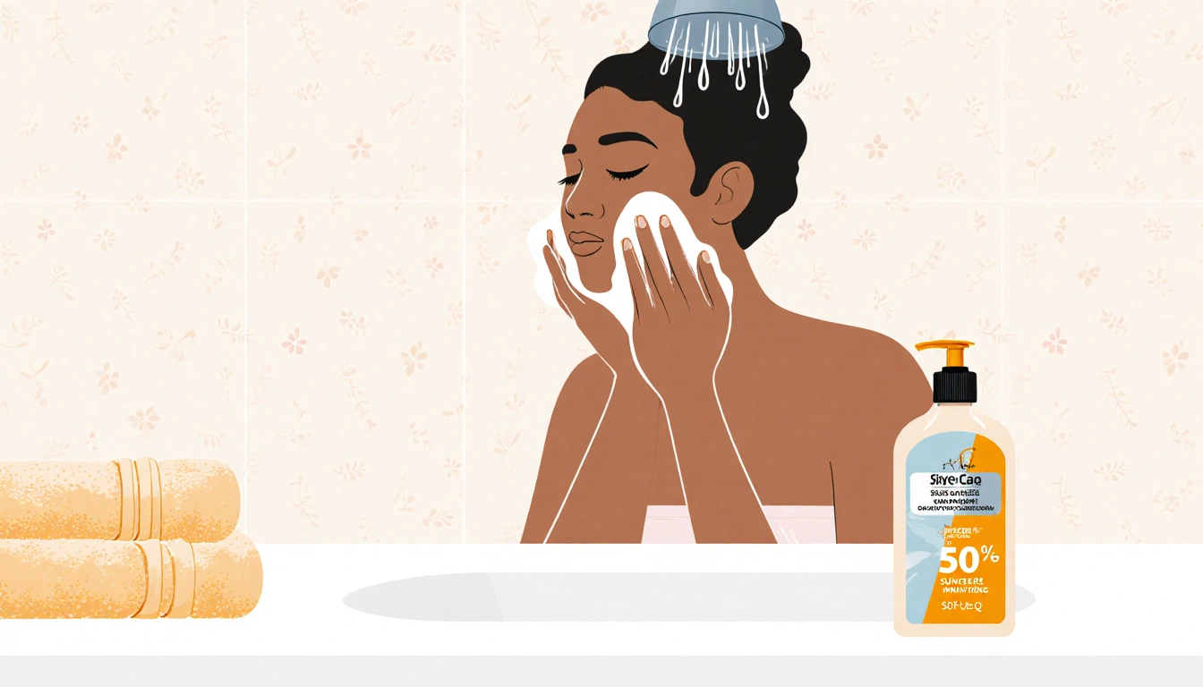 Person washing face under warm water with sunscreen bottle and towel in a clean shower with a soft leaf pattern