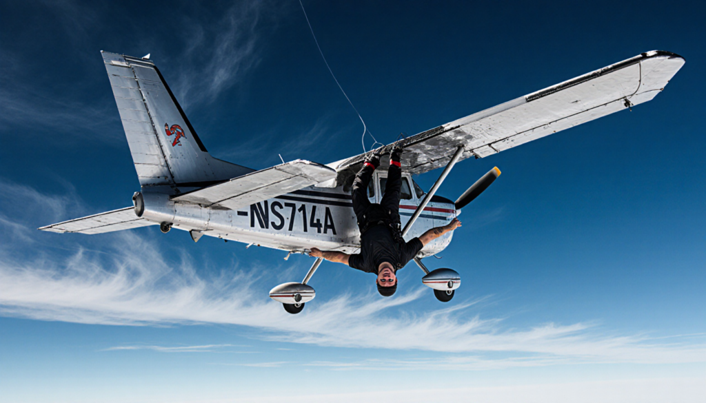 Skydiver hanging upside-down from Cessna Caravan stabilizer with parachute tangled on tail and deep blue sky.
