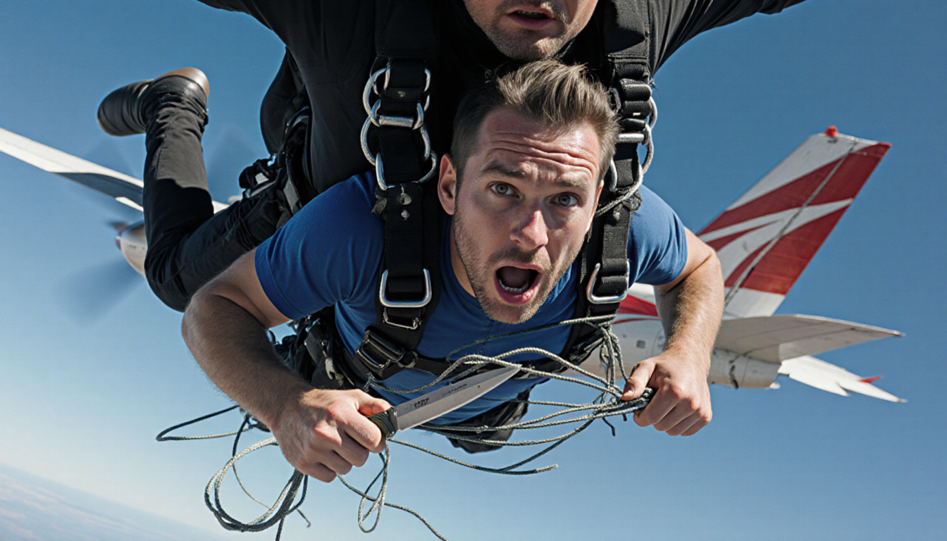 Ferguson cuts tangled reserve lines with a hook knife while harness hangs plane tail blocks the sky.