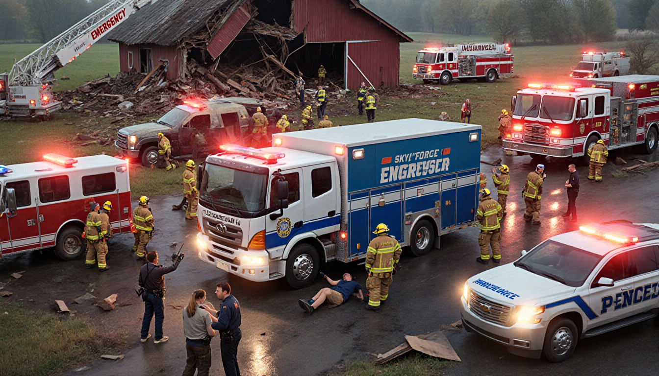 Skyforce10 truck is rescuing injured with firefighters and police in chaotic scene near collapsed barn