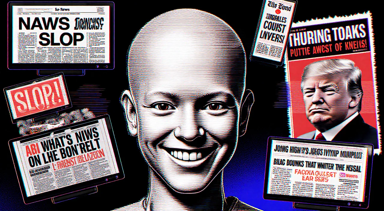 Distorted AI portrait displaying cheesy grin with glitchy screens and neon fonts.