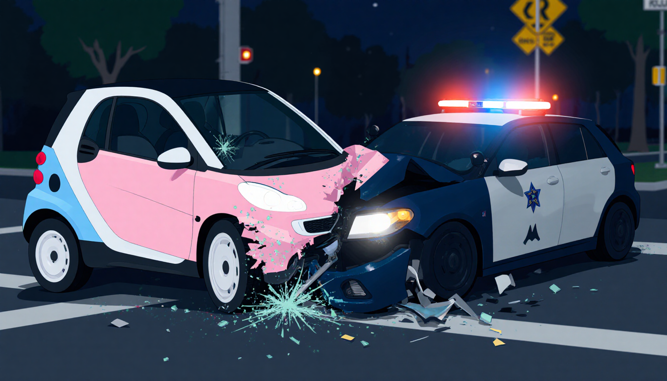 Smart car smashing into police cruiser at night with shattered glass and twisted metal debris