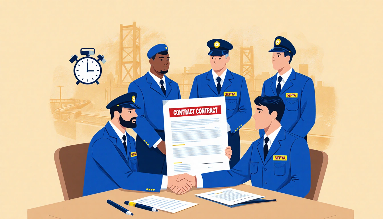 Union workers signing contract with SEPTA officials with blue uniforms and a clock showing two years