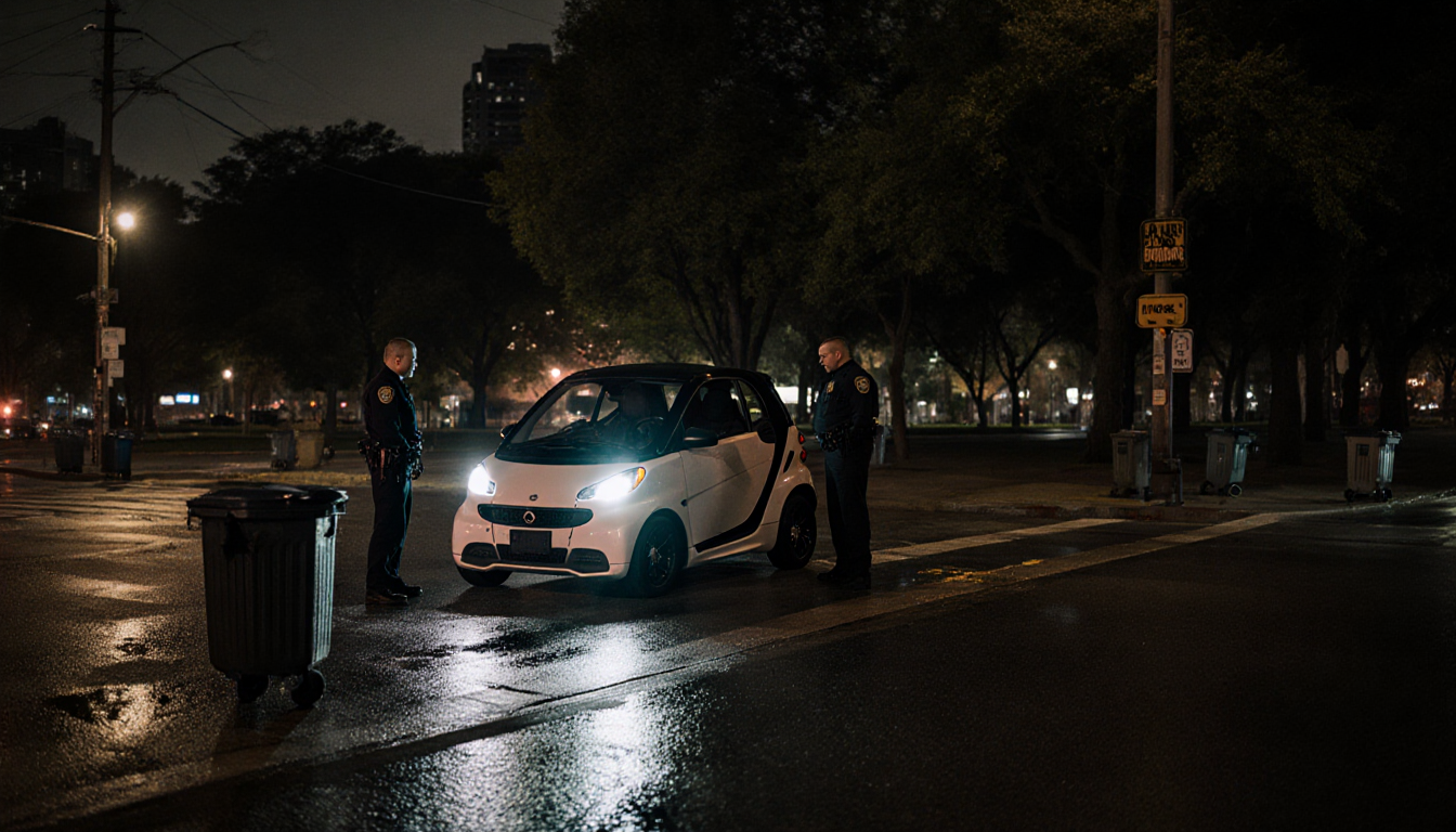 Police officers standing beside mangled Smart car with flashlights illuminating wet pavement