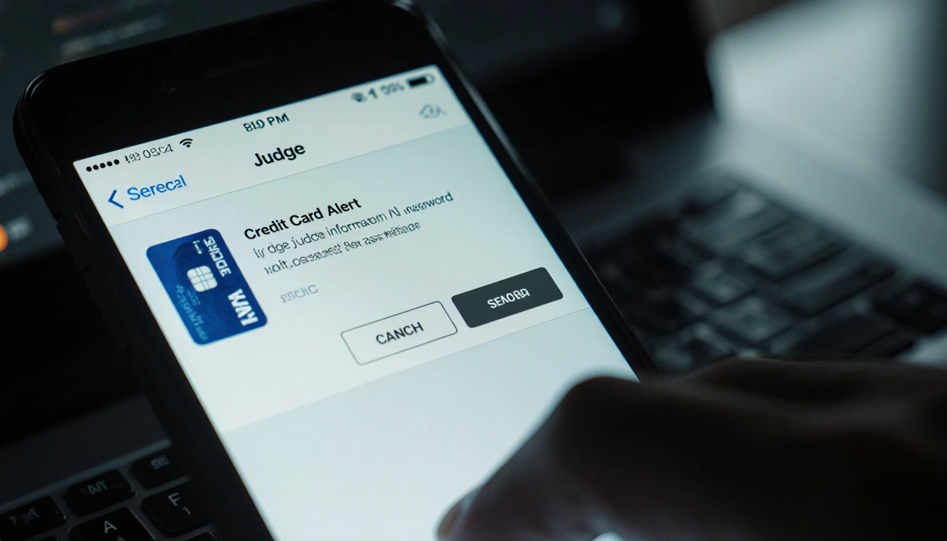 Judge's hand hesitates typing info into password manager with smartphone screen showing credit card alert in dark room