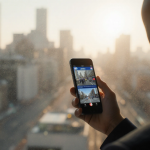 Professional holding smartphone shows NBC10 news clip with warm city lights in blurred background