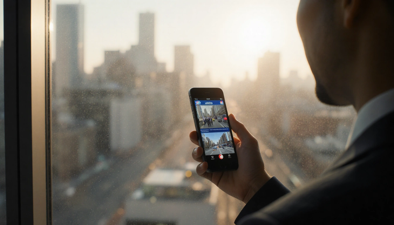Professional holding smartphone shows NBC10 news clip with warm city lights in blurred background
