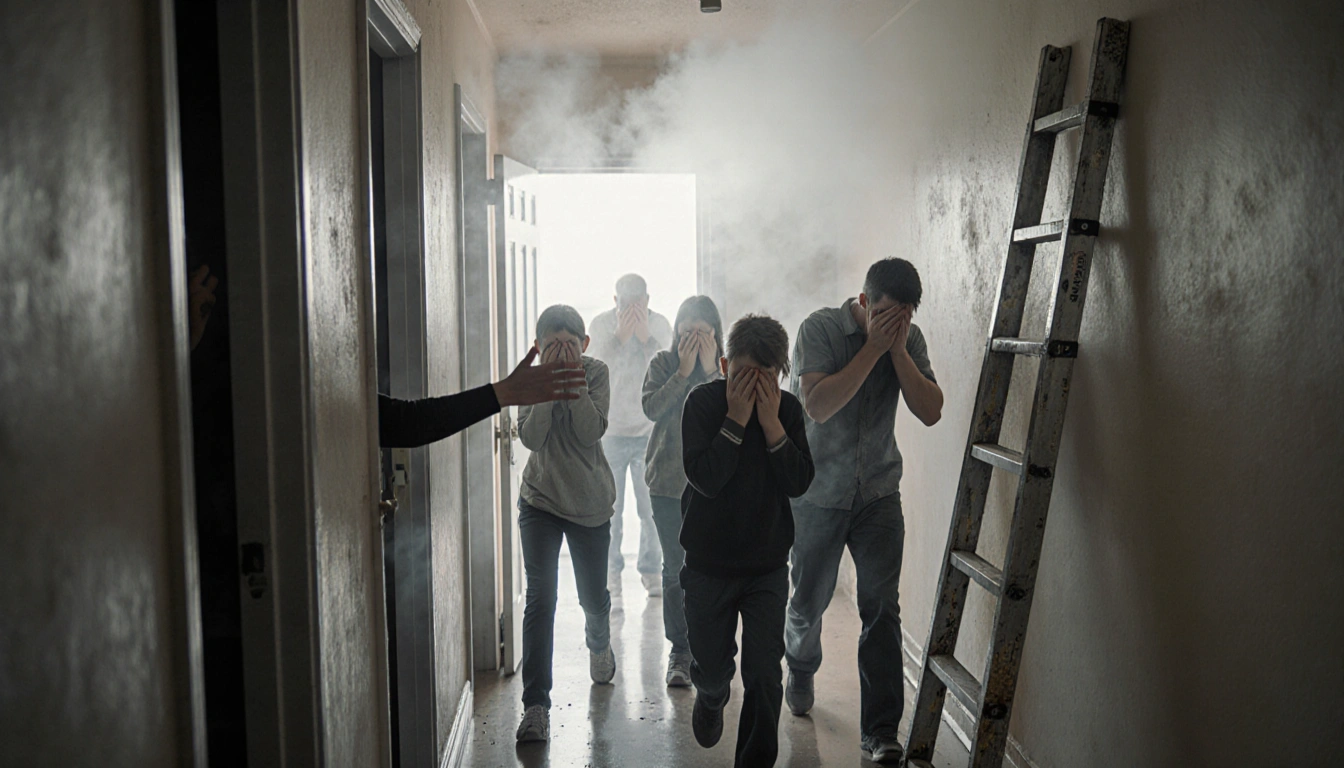 Children and adults stumble toward an ajar door in a smoke-filled hallway with a ladder leaning nearby.