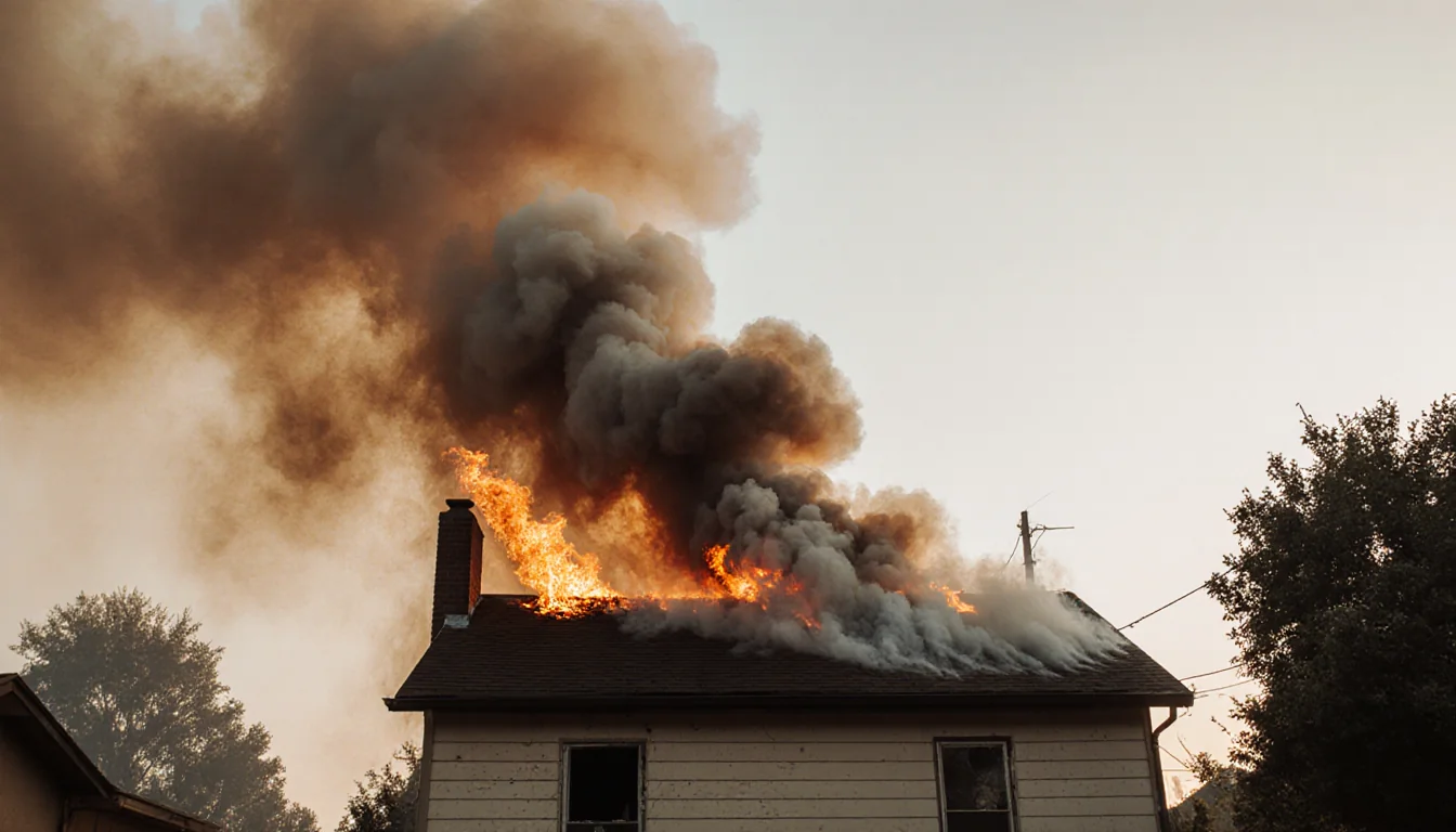 Smoke rises from a house roof with flames licking windows and walls in warm tones.