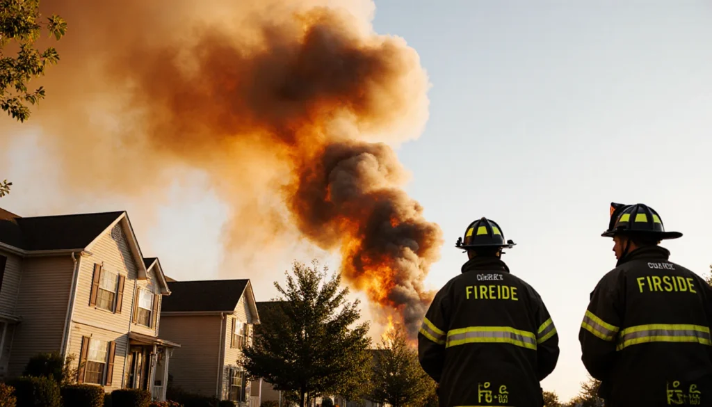 Firefighters battling blaze with orange smoke plume casting golden glow over town
