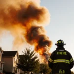 Firefighters battling blaze with orange smoke plume casting golden glow over town