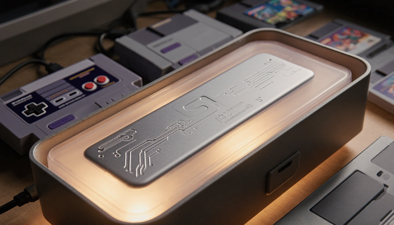 SN Operator device rests inside vintage SNES cartridge case with warm glow and retro console backdrop
