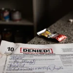 Worn SNAP application showing a red denied stamp and handwritten notes with scattered food packets on a dim kitchen counter