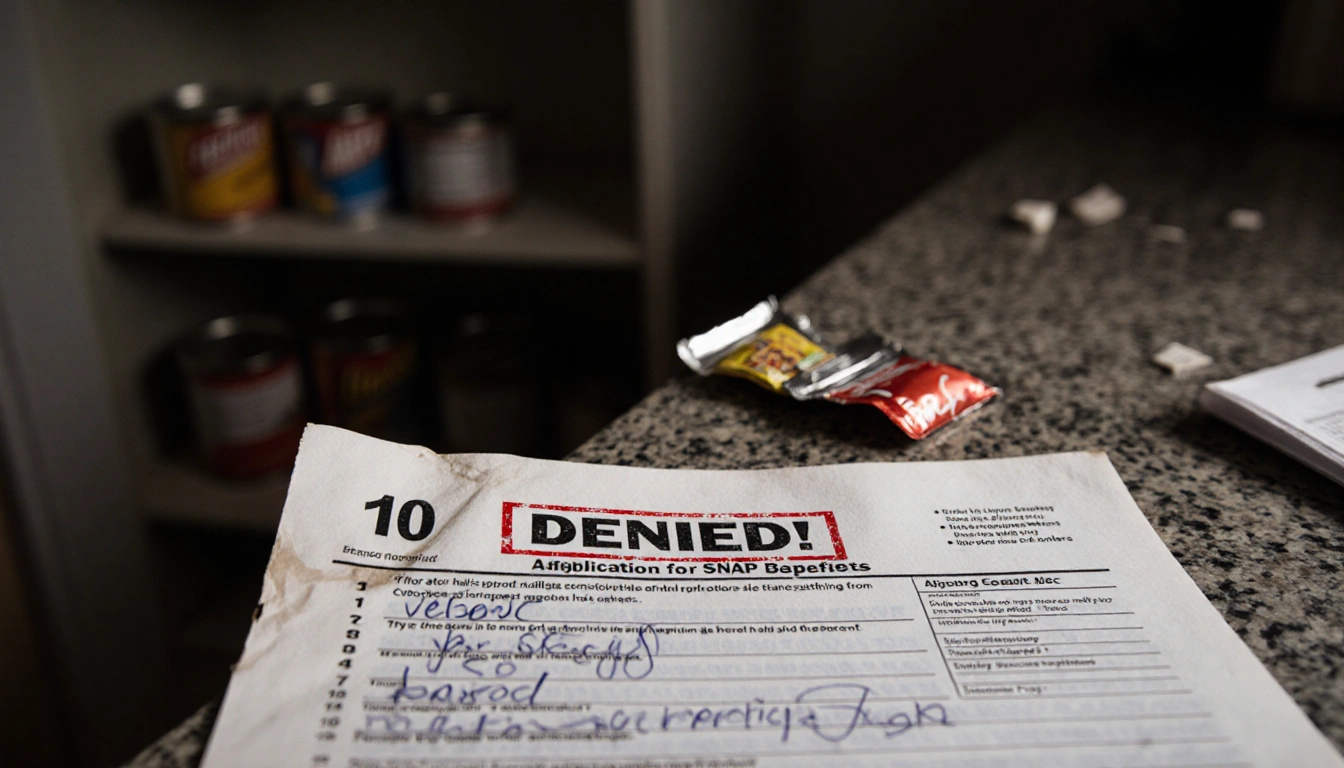 Worn SNAP application showing a red denied stamp and handwritten notes with scattered food packets on a dim kitchen counter