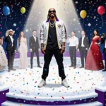 Snoop Dogg stands confidently on a bright stage with a spotlight and festive performers as snowflakes fall.