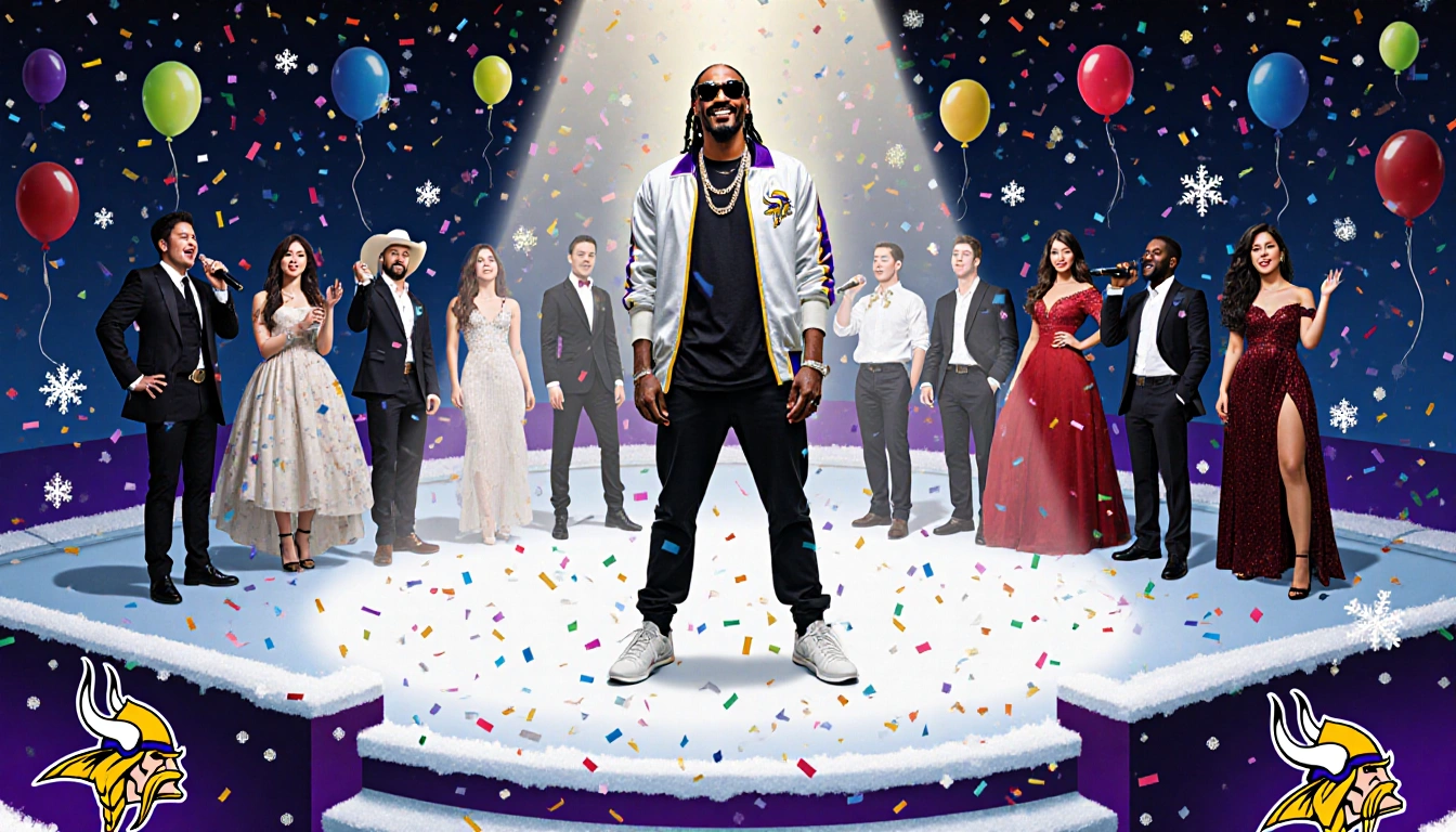 Snoop Dogg stands confidently on a bright stage with a spotlight and festive performers as snowflakes fall.