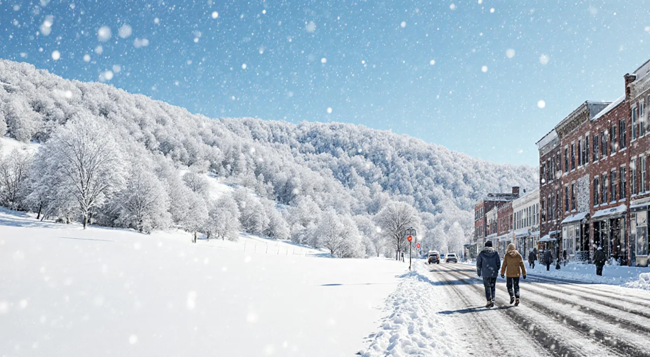 People walking under blue sky with residual snow on Philadelphia sidewalks near Poconos mountains