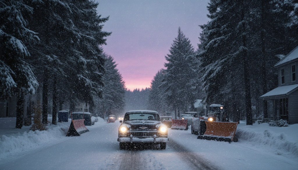 Vintage sedan drives down a snow-covered street with tall evergreen trees and glimmering headlights.