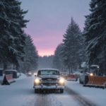 Vintage sedan drives down a snow-covered street with tall evergreen trees and glimmering headlights.