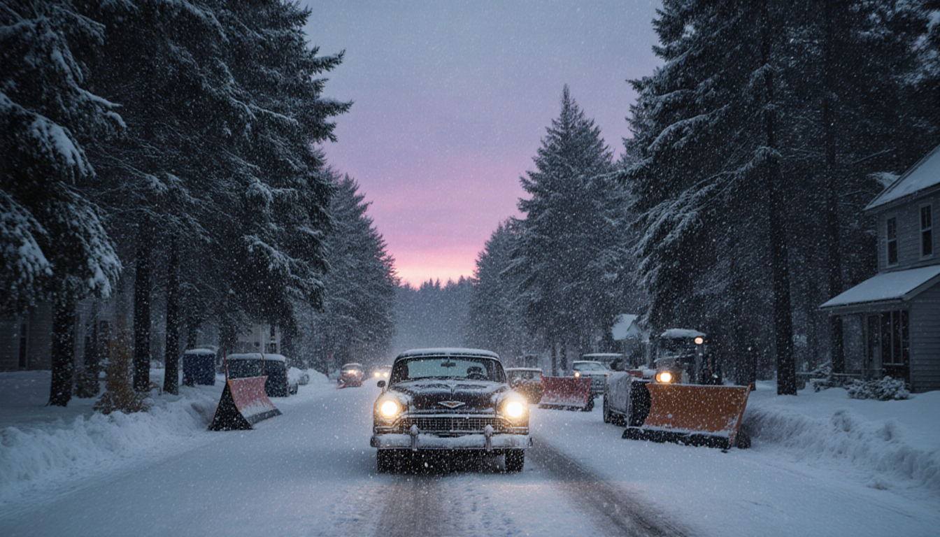 Vintage sedan drives down a snow-covered street with tall evergreen trees and glimmering headlights.