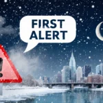 Snowflakes fall onto partially frozen river reflecting Philadelphia skyline with bold red First Alert symbol overlay.