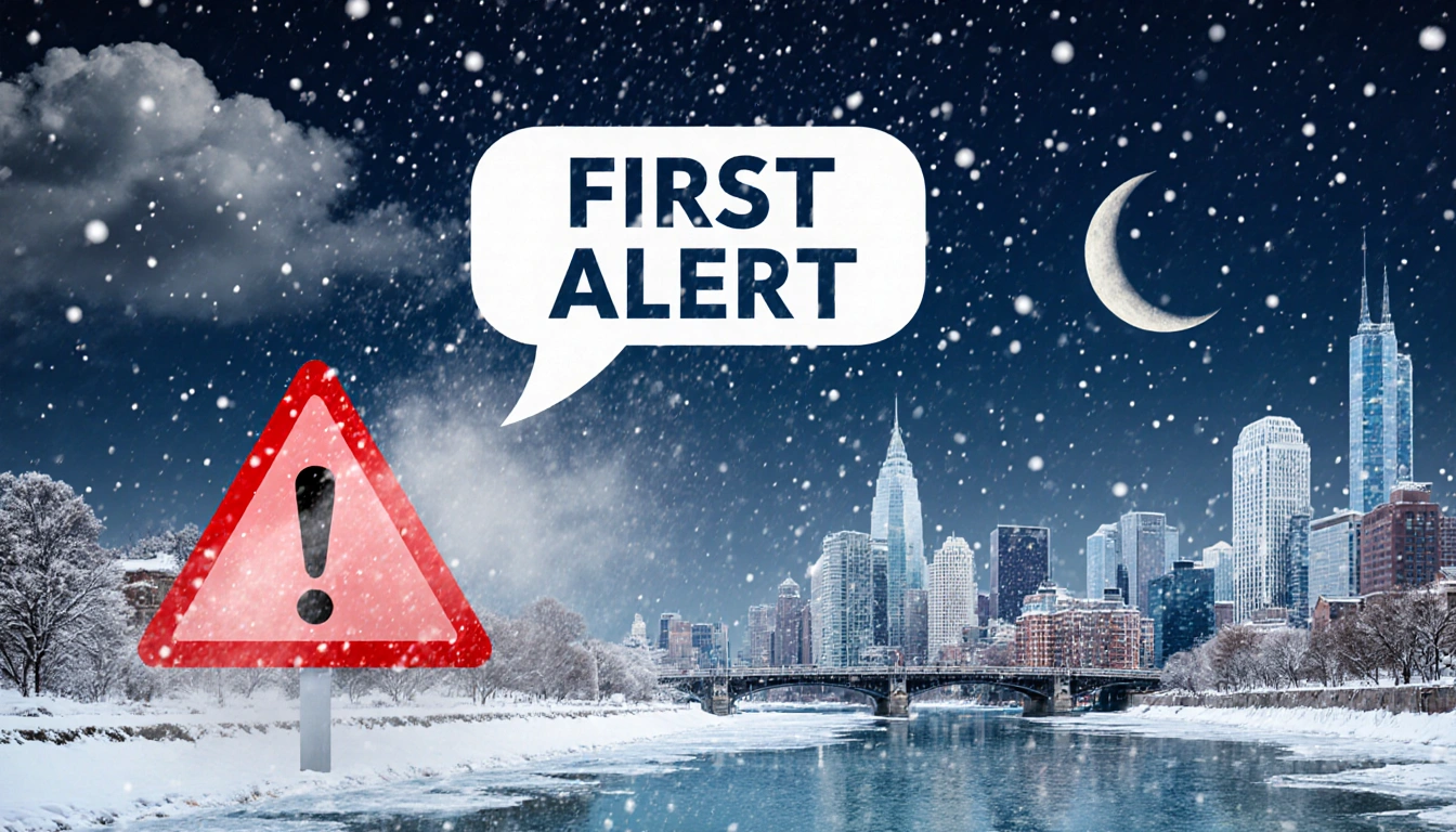 Snowflakes fall onto partially frozen river reflecting Philadelphia skyline with bold red First Alert symbol overlay.