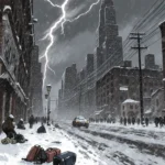 Crowd teeming across snow-covered street with scattered luggage and towering skyscrapers under flashing lightning.
