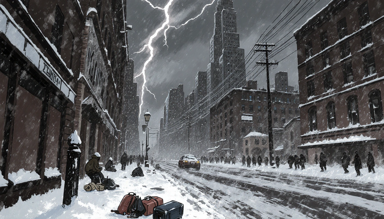 Crowd teeming across snow-covered street with scattered luggage and towering skyscrapers under flashing lightning.